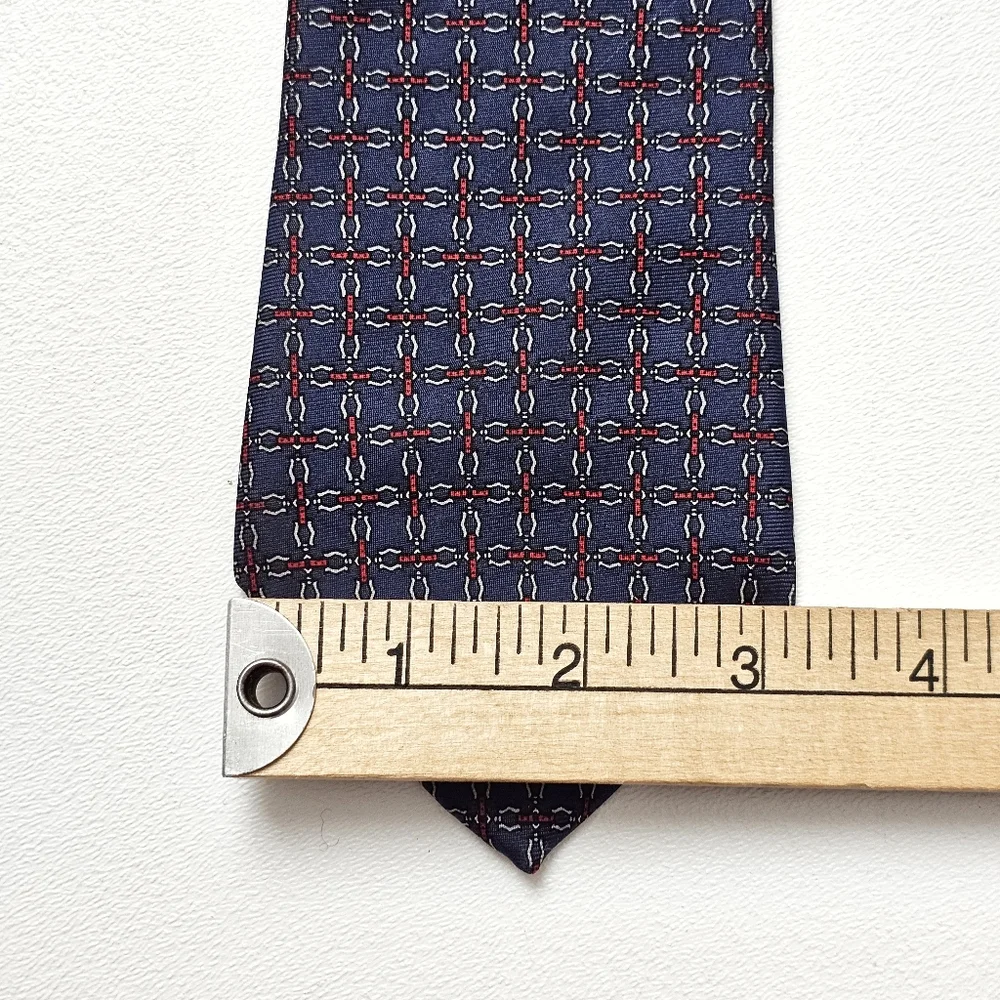 Vintage Hardy Amies London Silk Tie Navy Red Geometric Chain Pattern Luxury